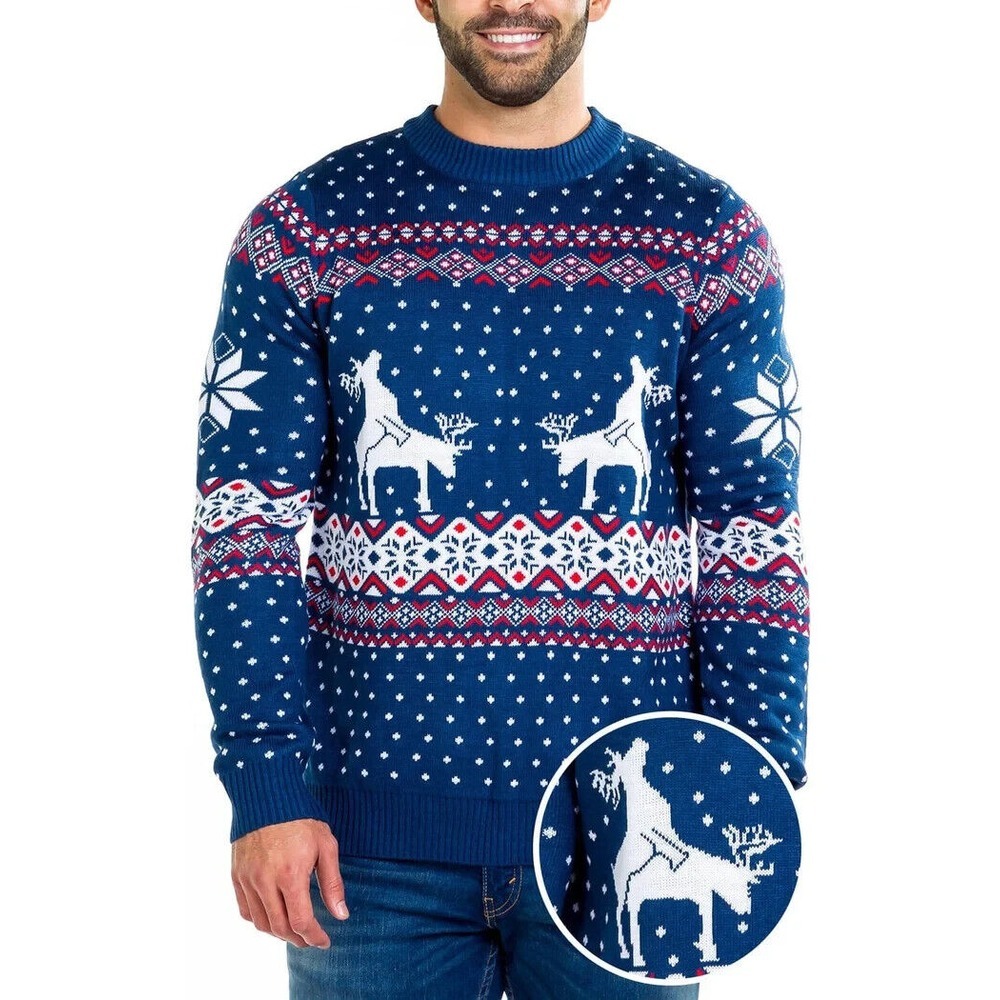 TIPSY ELVES REINDEER CLIMAX UGLY CHRISTMAS SWEATER Men's Size Medium BLUE  NEW!!